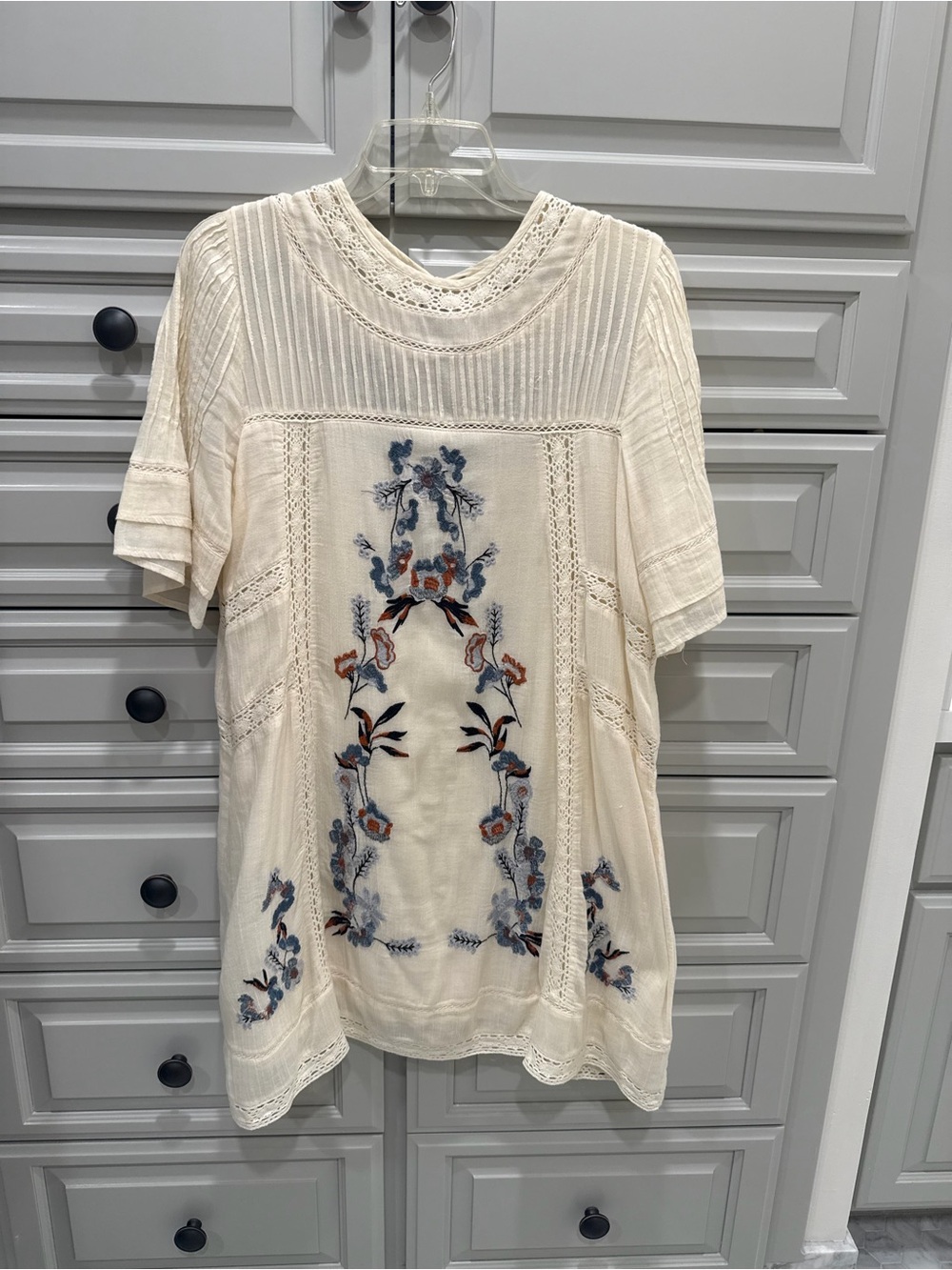 Free People Cream Short-Sleeve Tunic with Blue and Rust Floral Embroidery